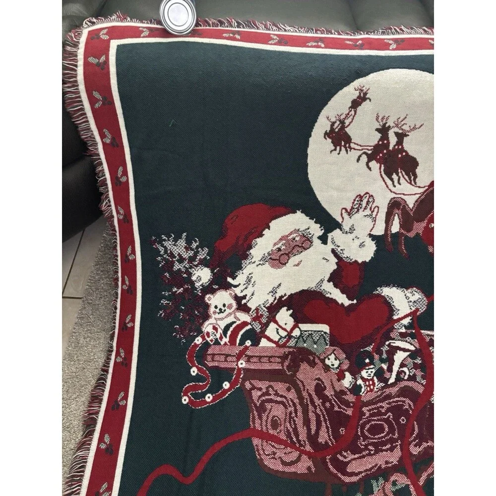 Vintage 90s Christmas Woven Tapestry Throw Blanket Santa Sleigh Reindeer 48x66